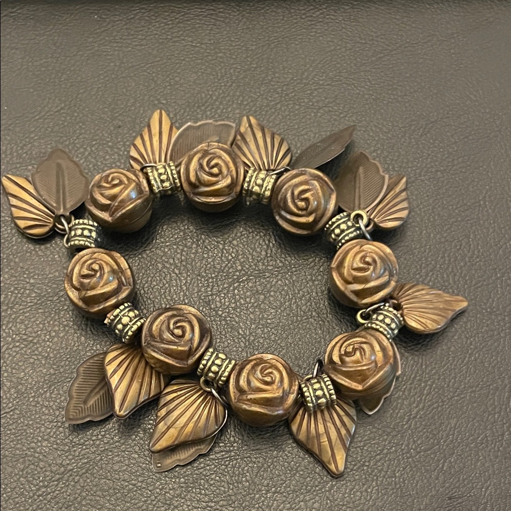 Bronze Rose & Leaf Stretch Bracelet - Women Jewelry